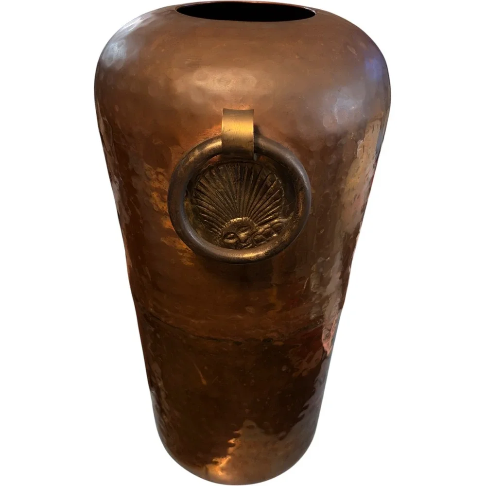 Vintage Hammered Copper Floor Vase Brass Sunface Ring Handles Made in India 15